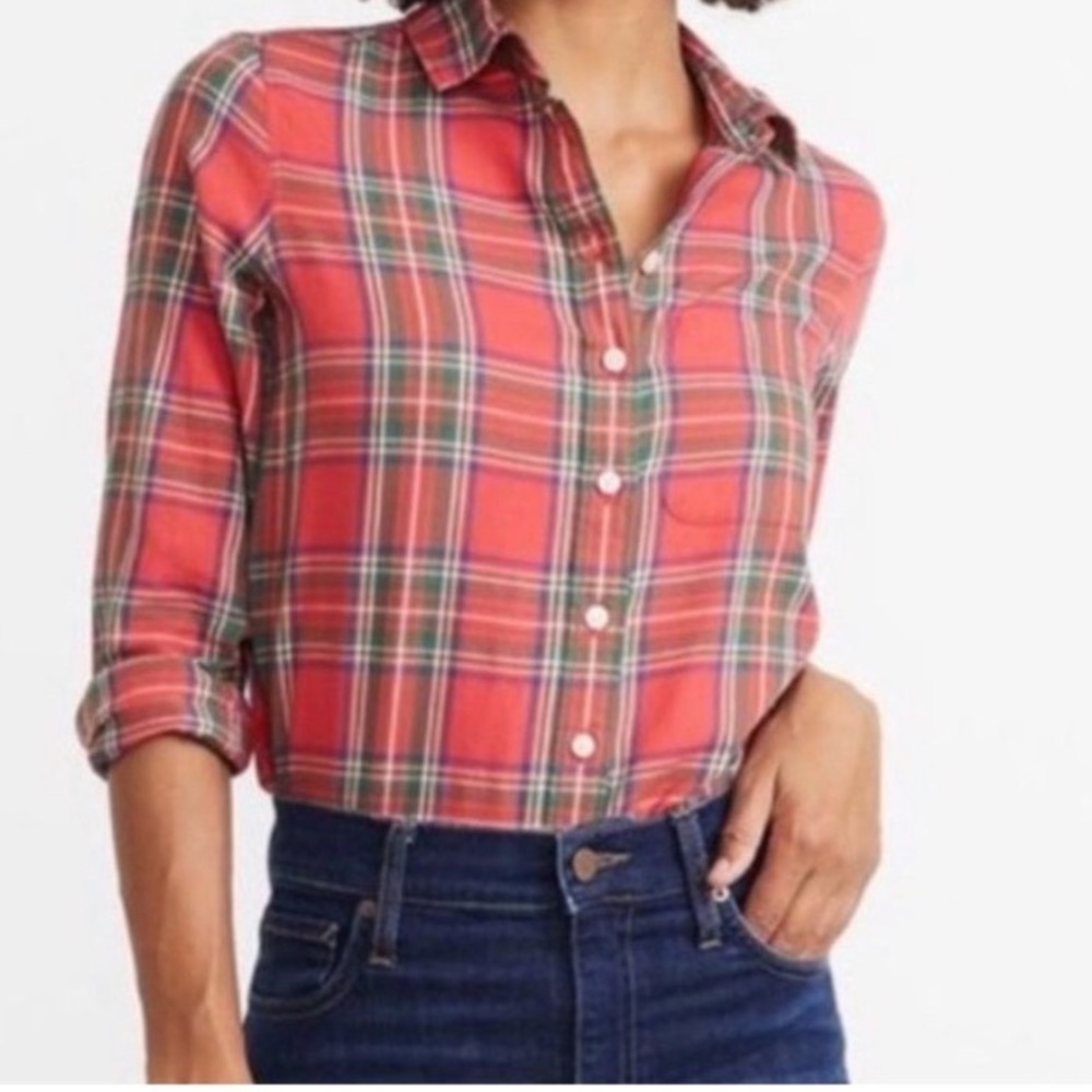 Marine Layer Cotton Flannel Shirt Small Red Green Plaid Button Down Camp Cabin
